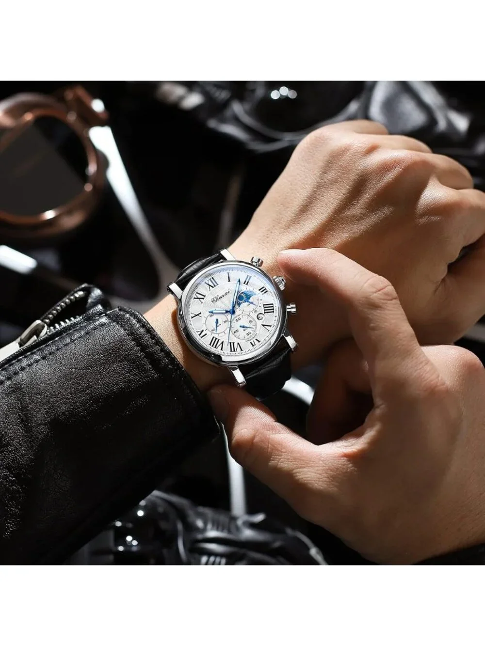 Men's Rose Gold Black Leather Multifunctional Military Analog Chronograph Watch